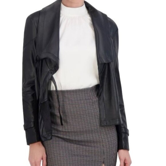 Ookie & Lala Womens Drape Moto Faux Leather Ponte Jacket Black Size S - Picture 3 of 6